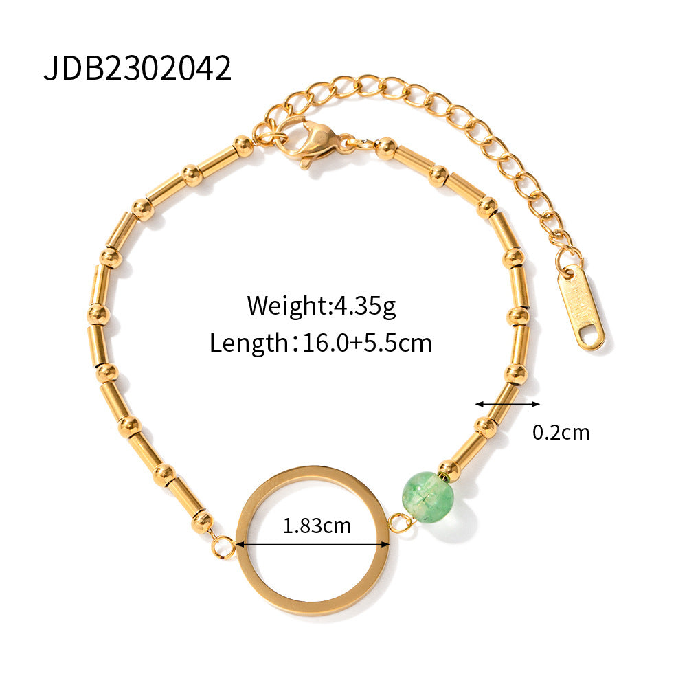 INS Style Hip-Hop Oval Shell & Green Stone Stainless Steel Bracelet with 18K Gold Plated Inlay Gemstones