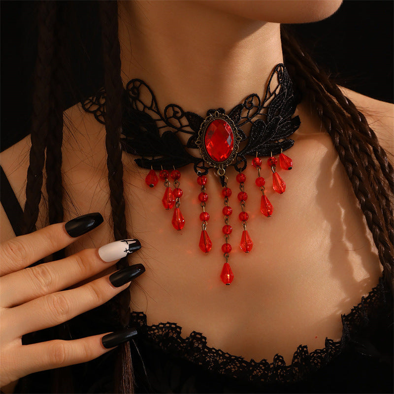 Gothic Rose Wings Lace Tassel Choker Necklace