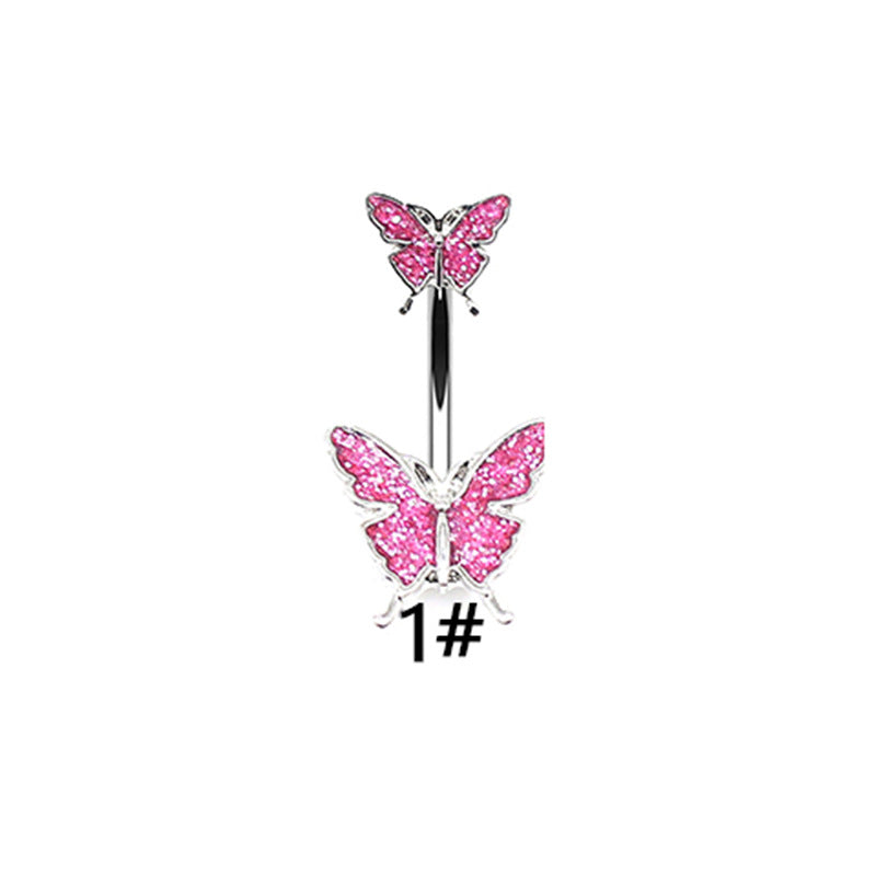 Butterfly Heart Zircon Inlay Stainless Steel Belly Ring Set