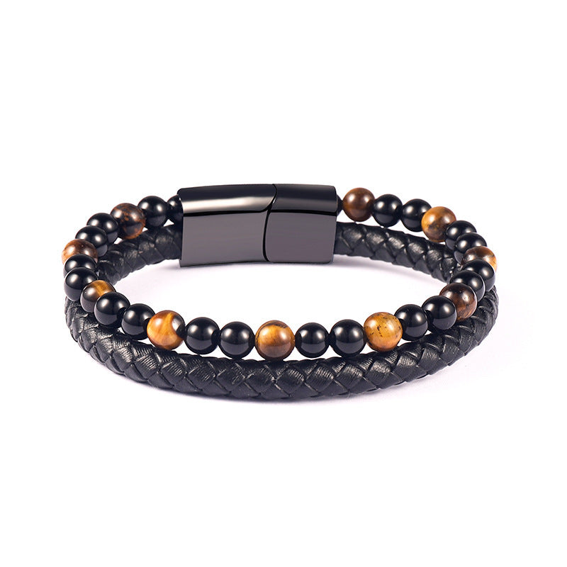 Retro Round Alloy Beaded Leather Bracelet with Natural Stone Tiger Eye and Agate