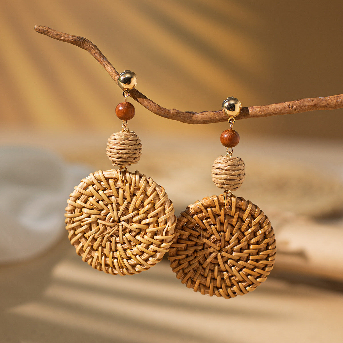 Bohemian Rattan Circle Braid Straw Drop Earrings for Vacation