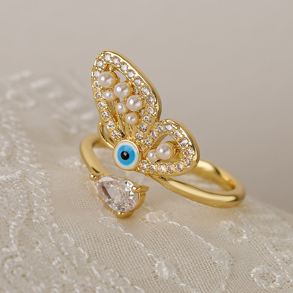 Fashion Butterfly Zircon Pearl Open Ring - Elegant Geometric Design