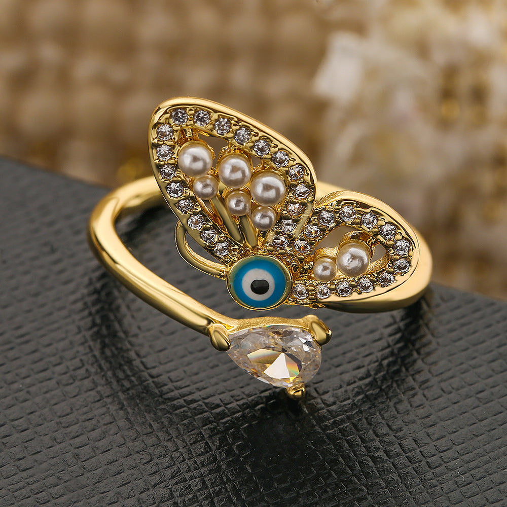 Fashion Butterfly Zircon Pearl Open Ring - Elegant Geometric Design