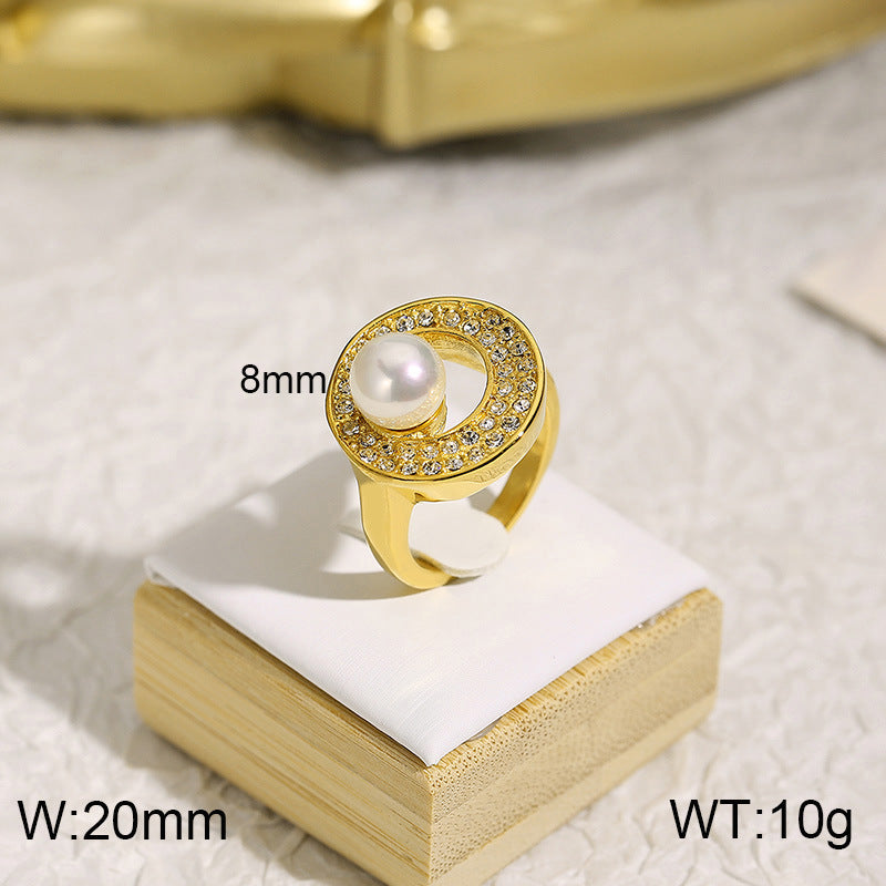 Elegant Retro Geometric Titanium Steel Pearl Rhinestone 18K Gold Plated Rings