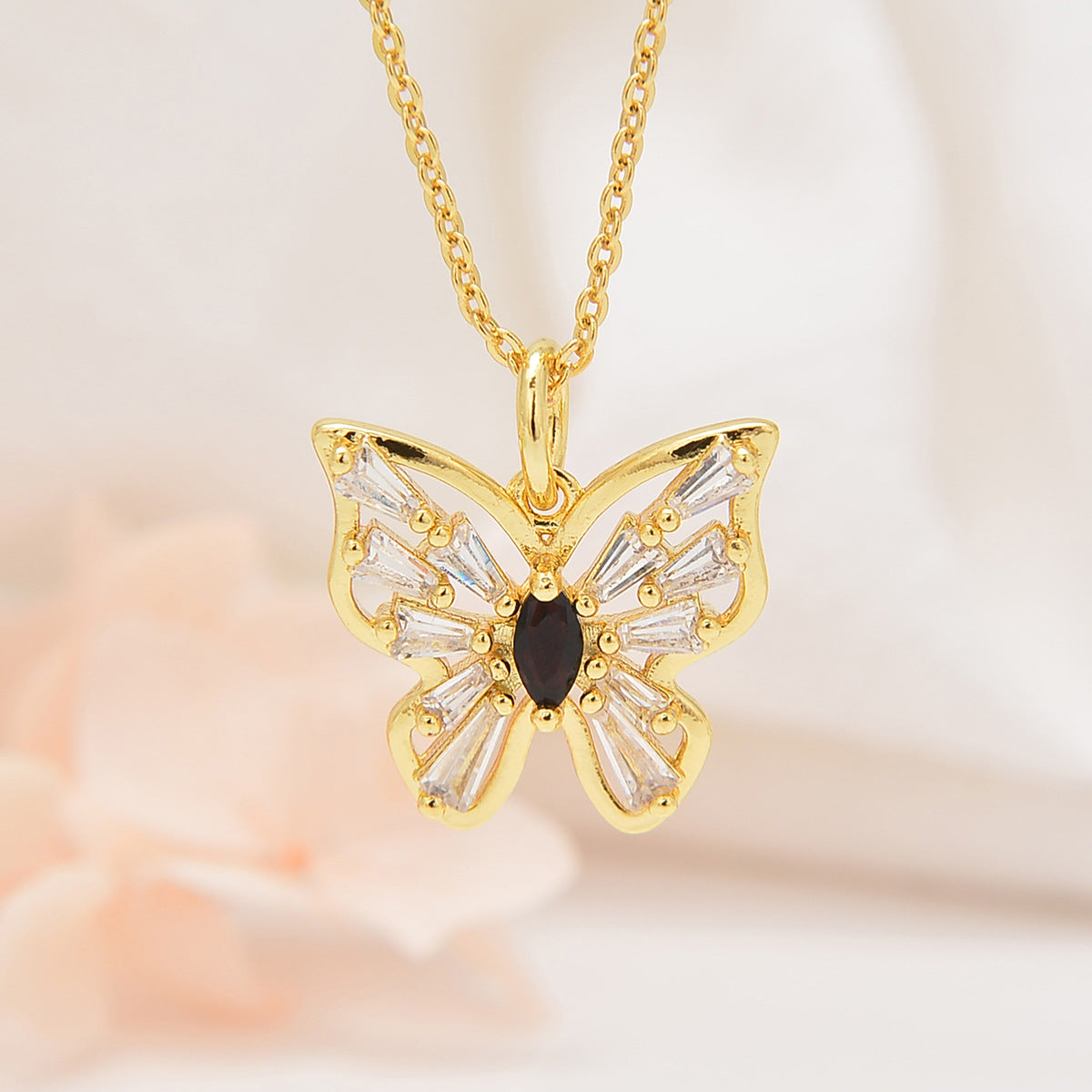 Copper Inlay Butterfly Pendant Necklace with Colorful Marquise Zirconia