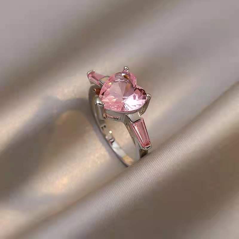 Fashion Geometric Metal Plated Pink Heart Gemstone Women's Ring Set