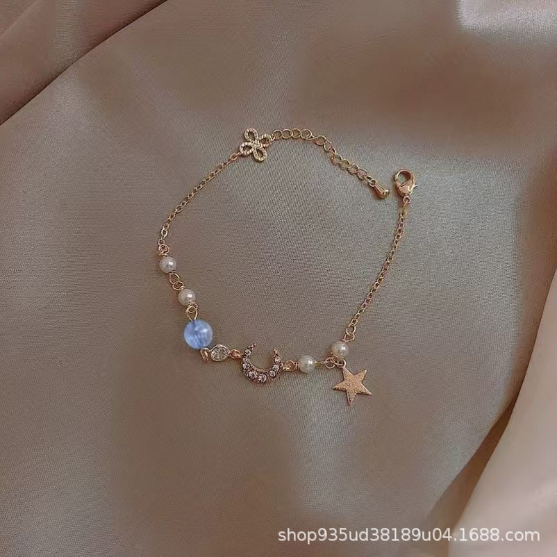 Elegant Star and Moon Zircon Pearl Women's Bracelet - Korean Fashion Design