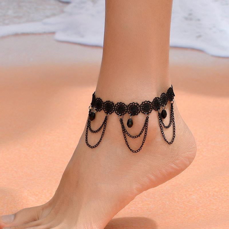 Simple Style Multi-Layer Crystal Lace Flower Beach Body Chain Anklet for Women