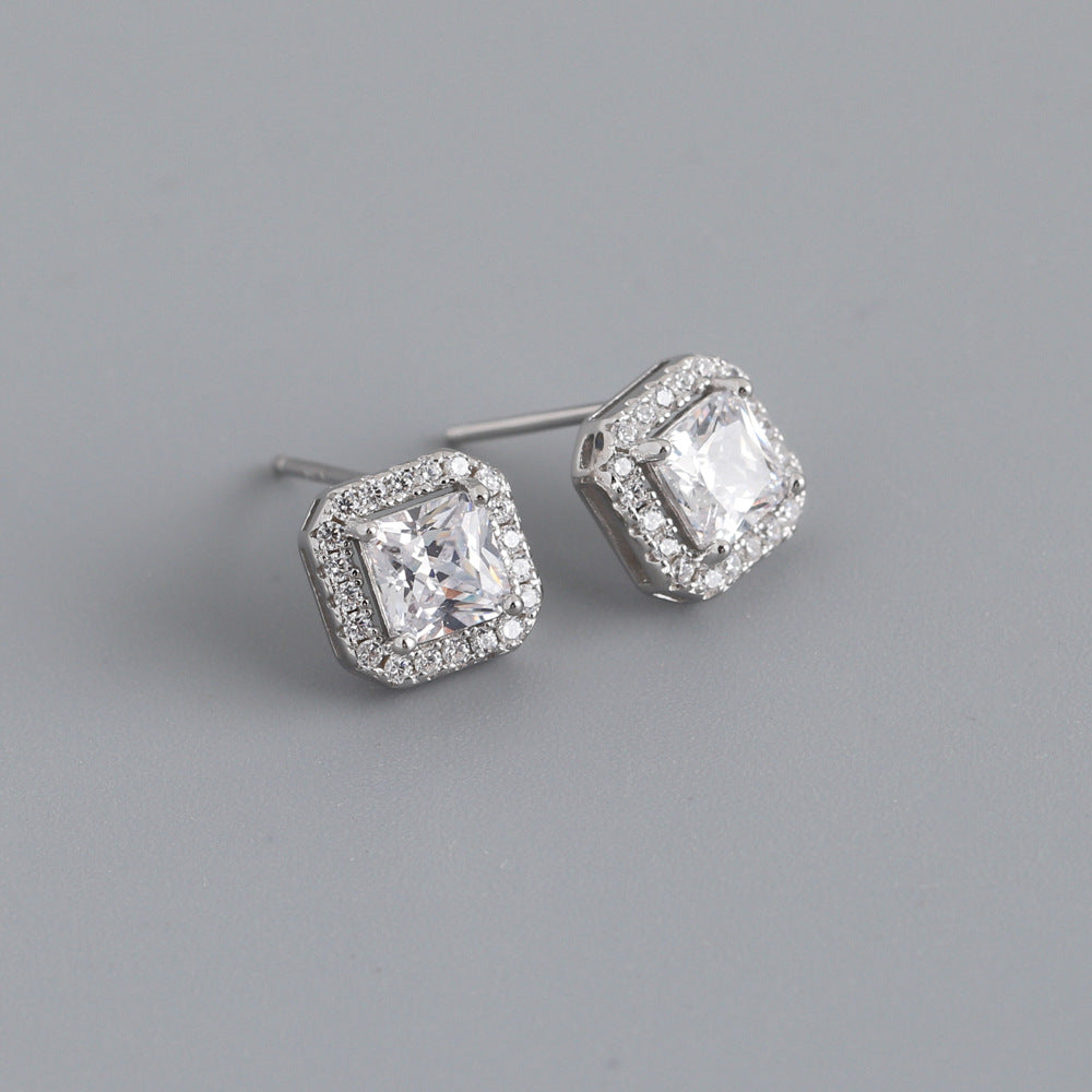 Geometric Sterling Silver Zircon Square Stud Earrings