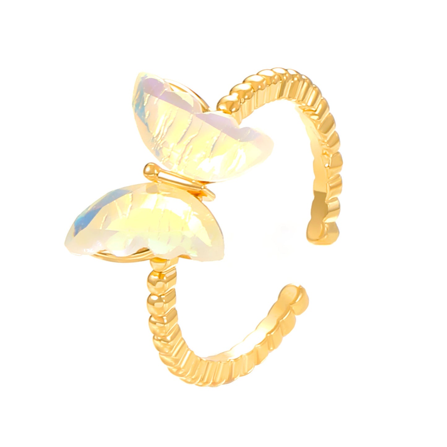 IG Style Geometric Butterfly 14K Gold Plated Open Ring with Zircon and Pearl Inlay