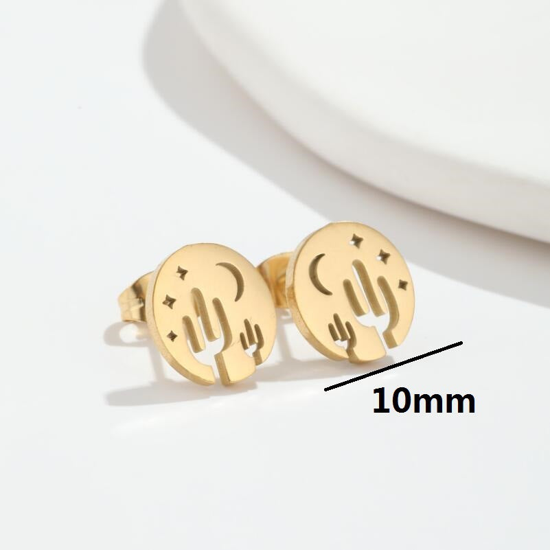 Simple Cactus Star Moon Stainless Steel Hollow Out Stud Earrings