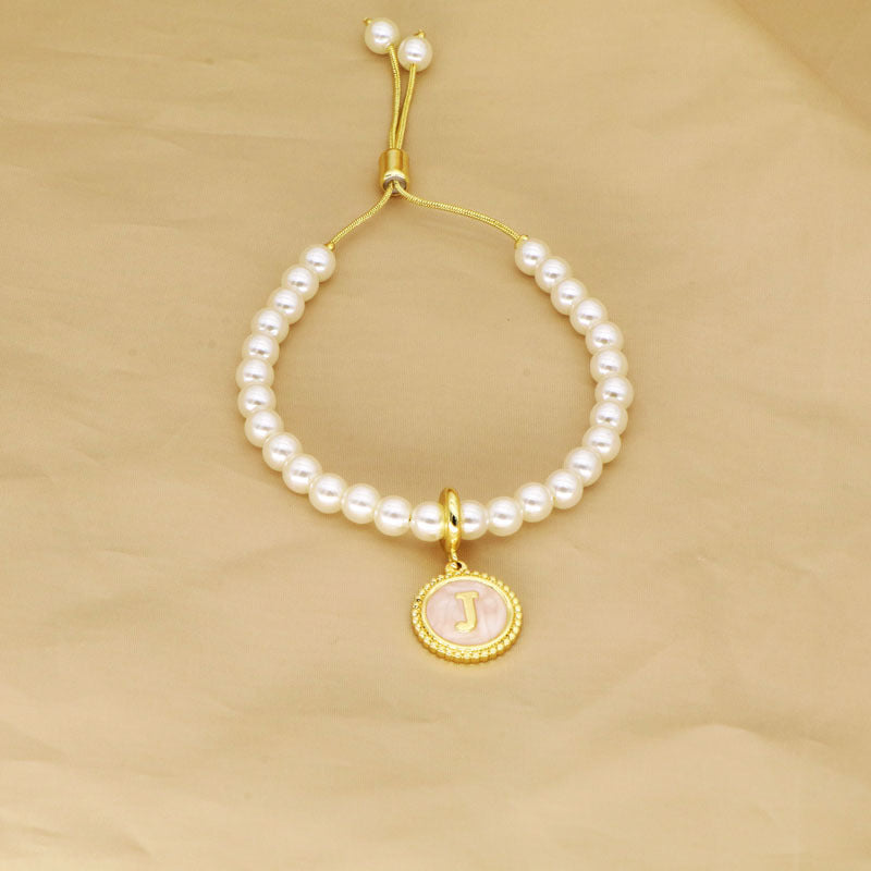 18K Gold Plated Adjustable Letter Pendant Imitation Pearl Bracelet