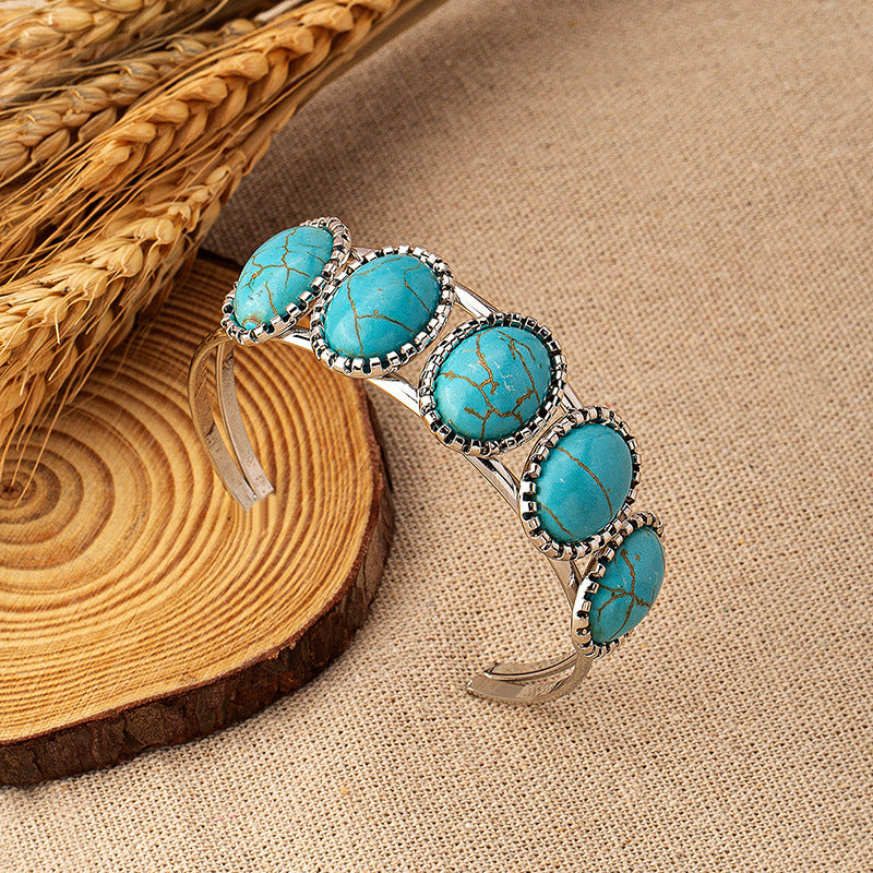 Ethnic Bohemian Turquoise Inlay Open Bangle Bracelet