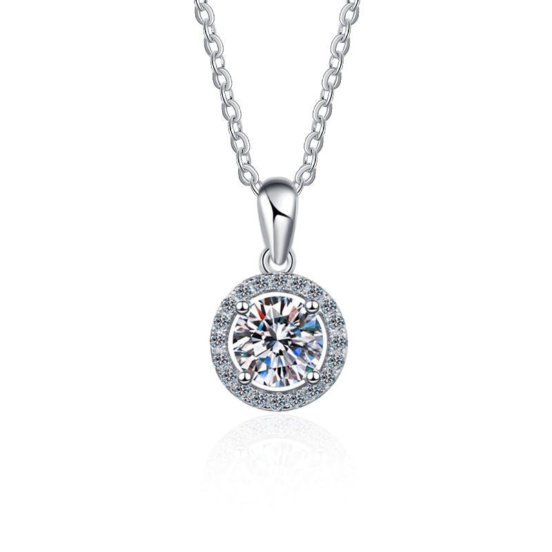 Sterling Silver Moissanite Zircon Pendant Necklace with Classic Round Design