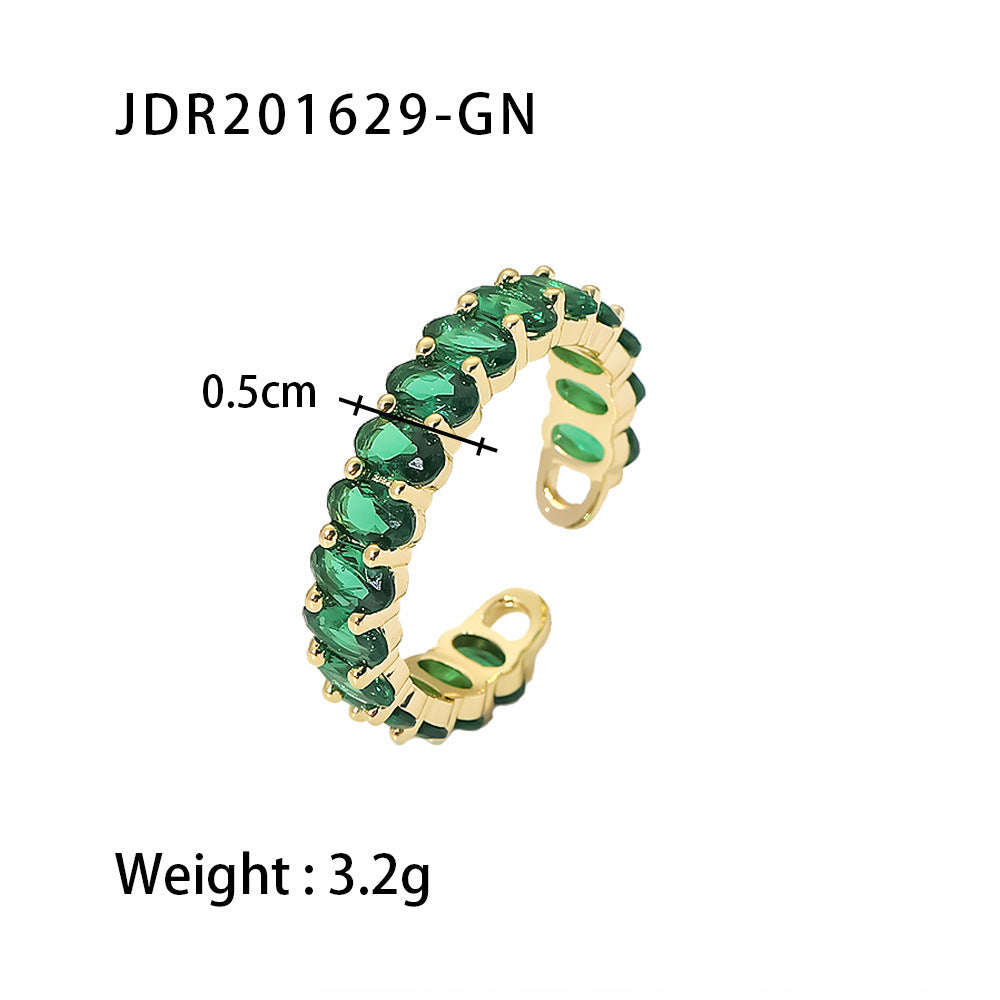 Fashion Oval Green Zircon Adjustable Stainless Steel Ring