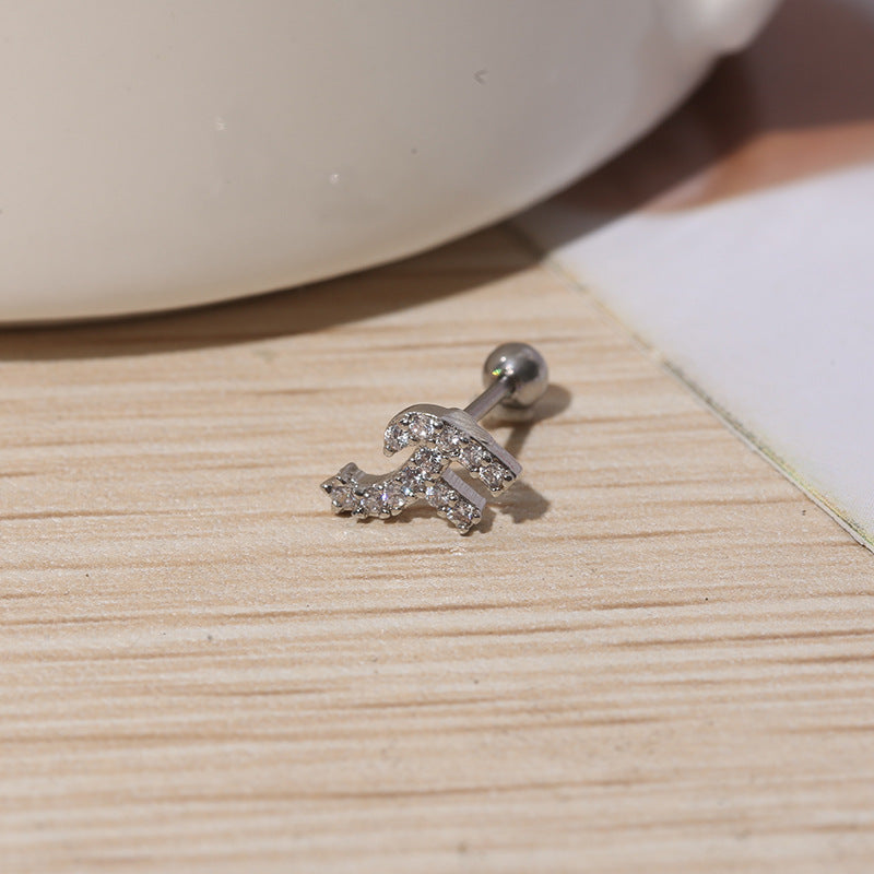 IG Style Shiny Letter Zircon Inlay Stainless Steel Cartilage Stud Earrings with Threaded Screw Closure