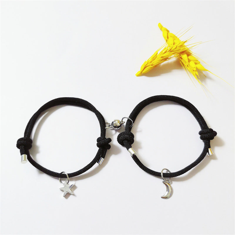 Simple Star and Moon Magnetic Couple Bracelets - Handmade Adjustable Rope Pair