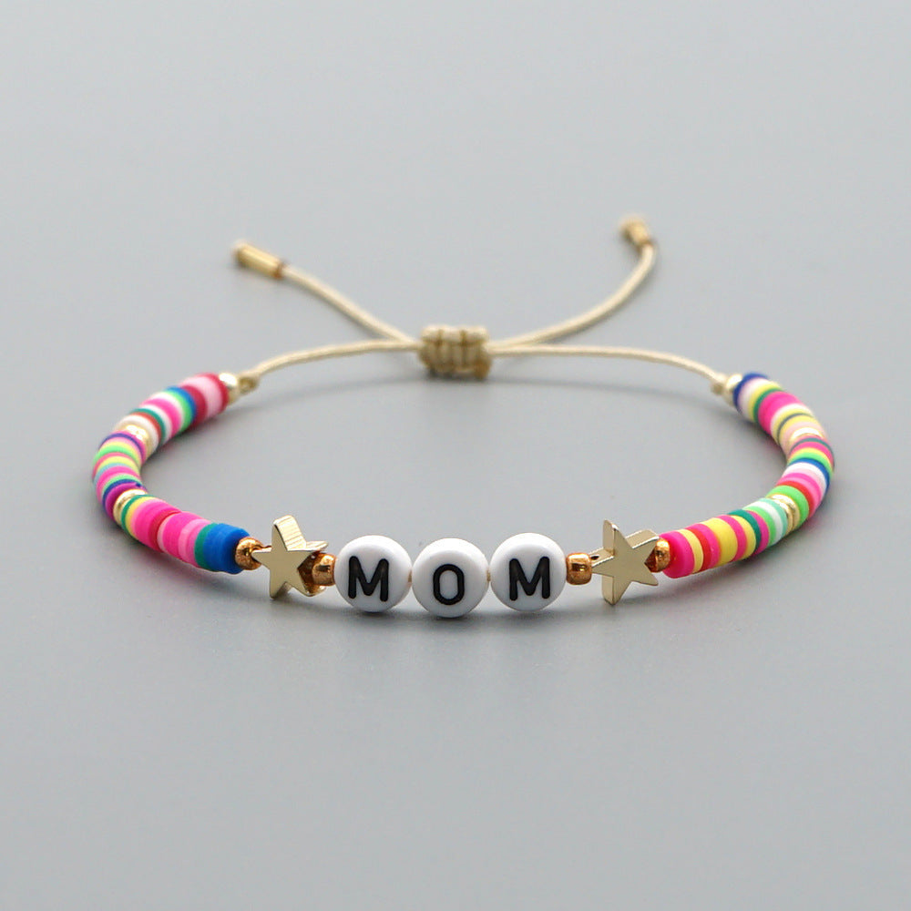 Bohemian Ethnic Mom Letter Bracelet with Soft Pottery Rainbow Star Accents