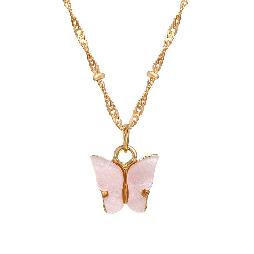 European Acrylic Butterfly Pendant Necklace with Creative Pearl Clavicle Chain