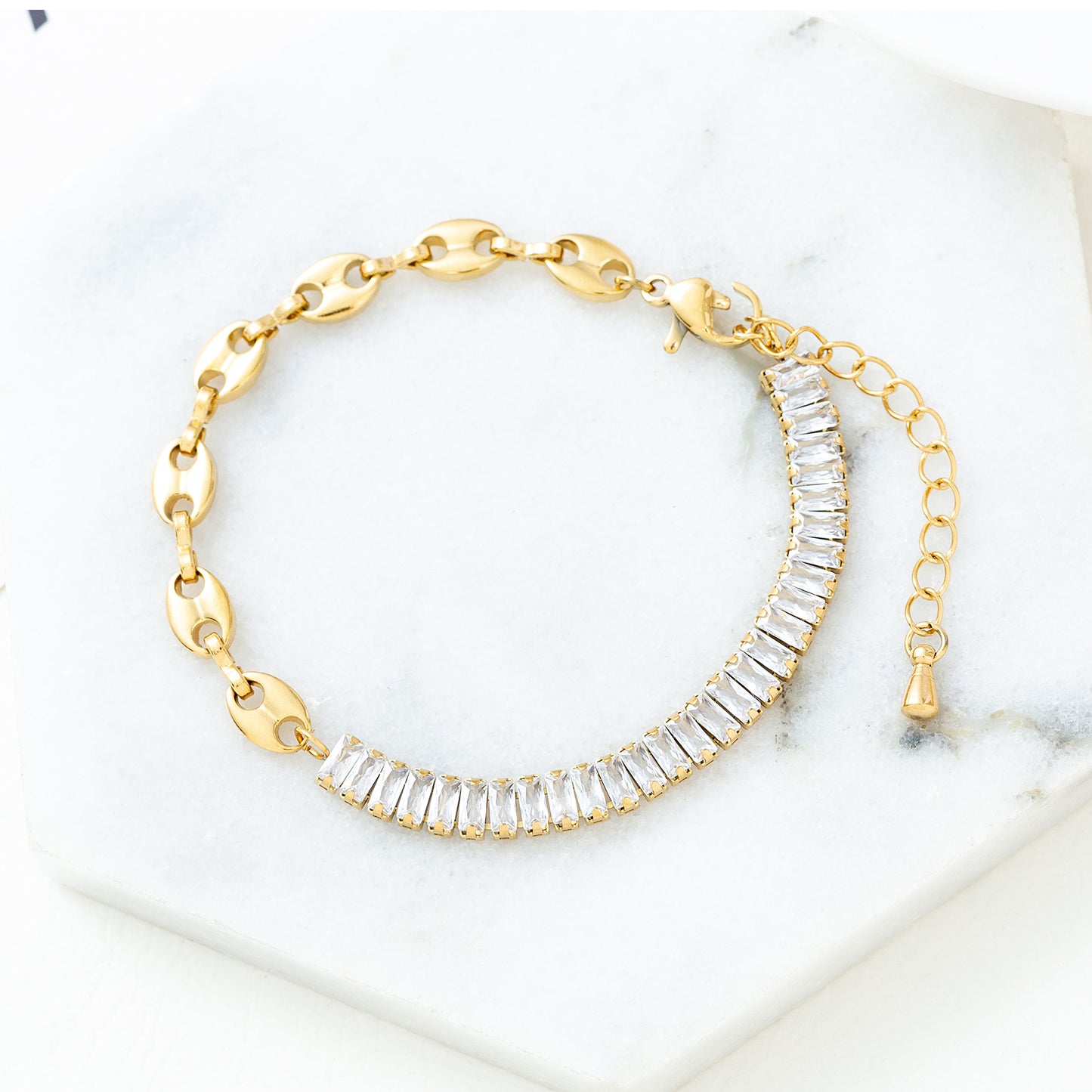 Retro Geometric Stainless Steel Gold Plated Bracelet with Artificial Pearls, Shell, and Zircon Accents