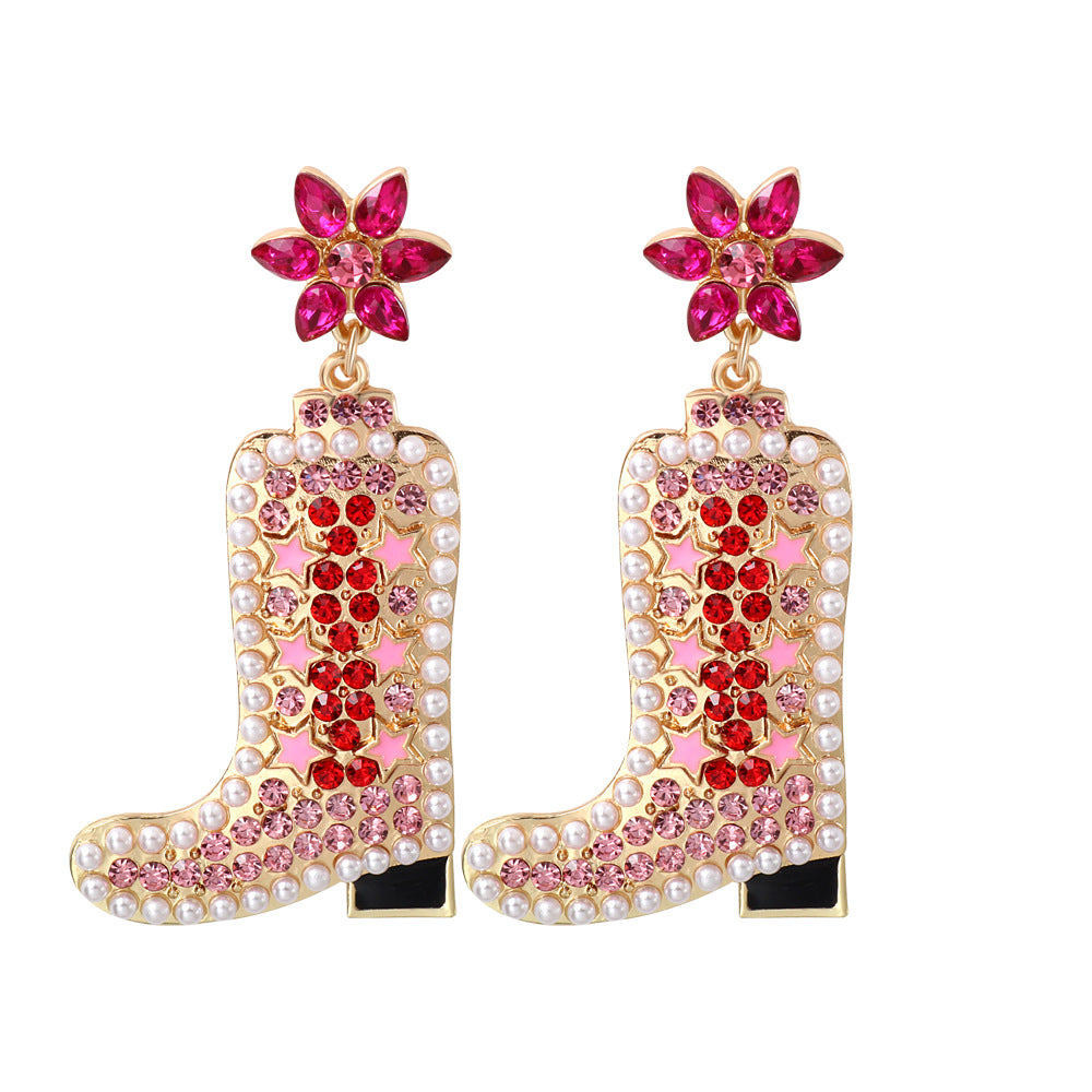 Western Cowboy Hat & Boot Rhinestone Pearl Drop Earrings for Women