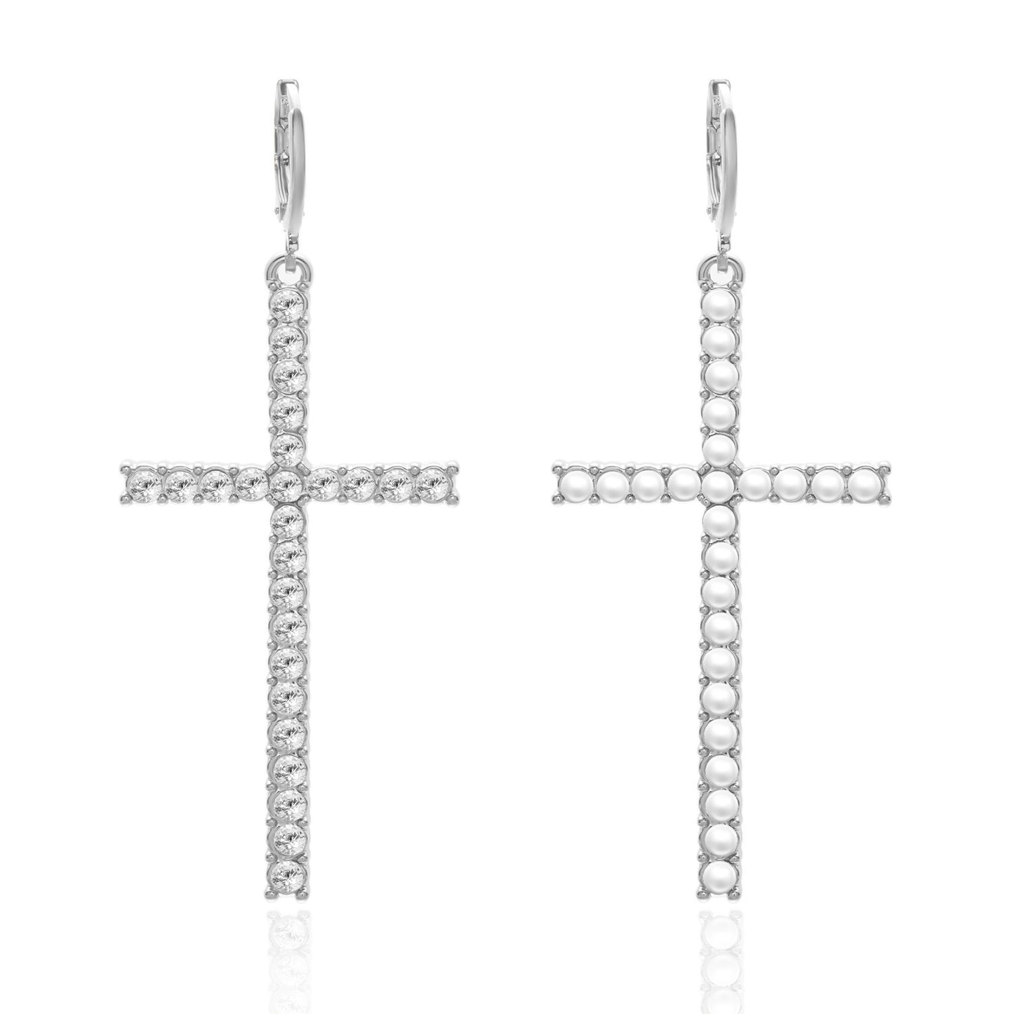 1 Pair Classic Cross Inlay Rhinestone Pearl Drop Earrings