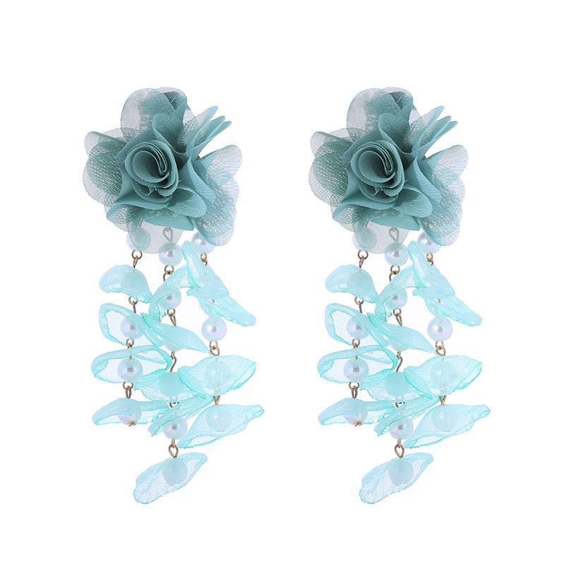 1 Pair Bohemian Flower Imitation Pearl Gauze Tassel Drop Earrings