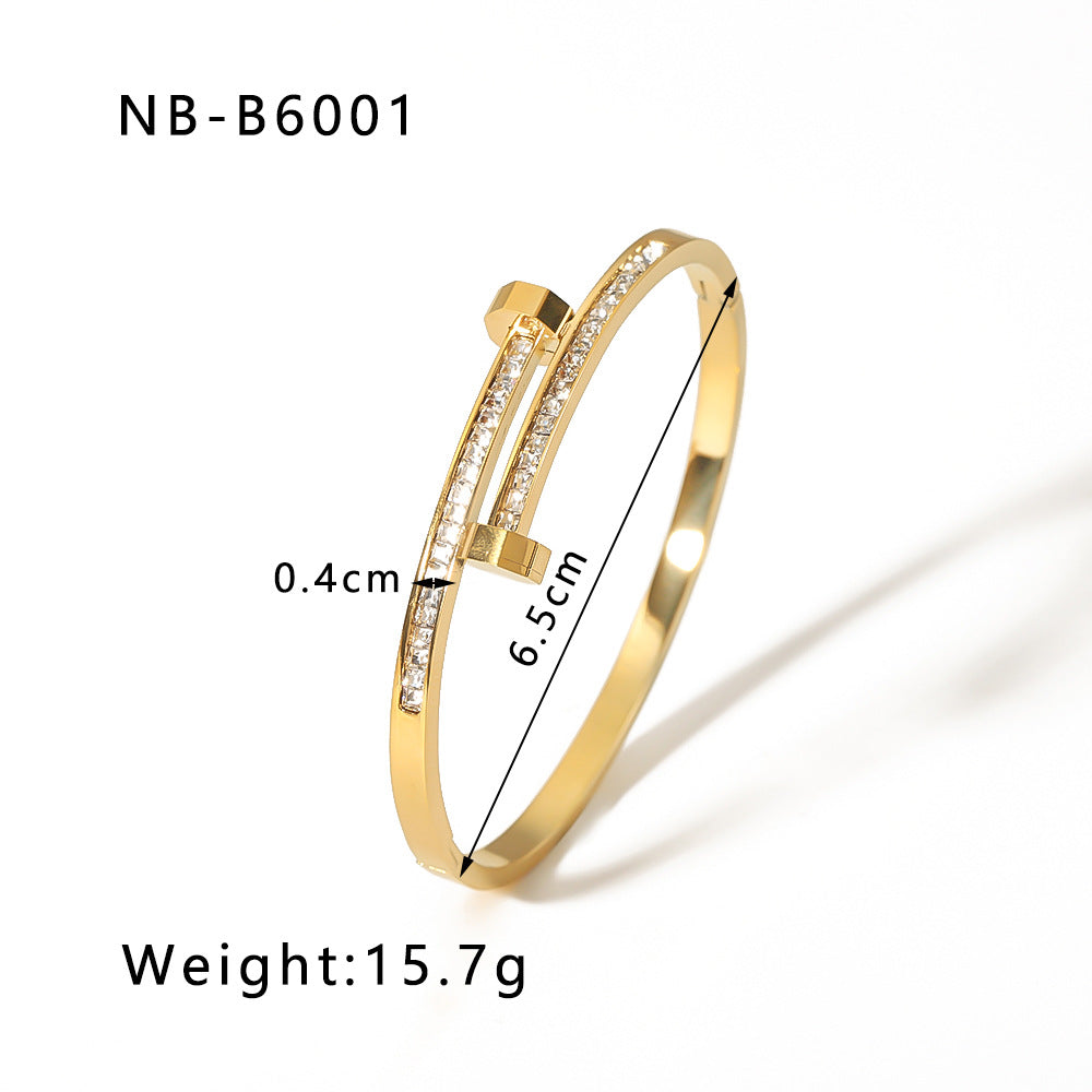 18K Gold Plated Geometric Zircon Bangle with Roman Numerals and Star Design