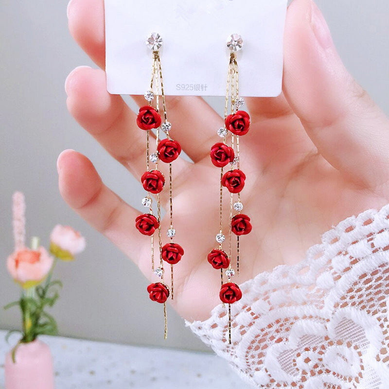 Simple Style Tassel Rose Imitation Pearl Alloy Rhinestone Women's Drop Earrings 1 Pair