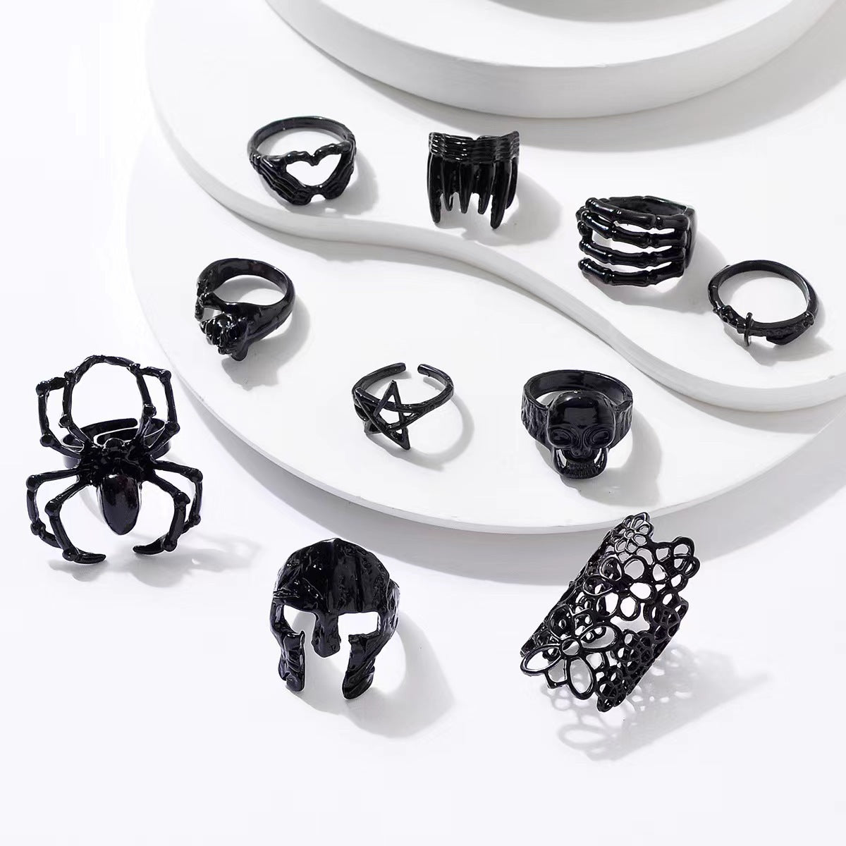 Gothic Star Spider Skull Adjustable Alloy Ring Set - 10 Pieces