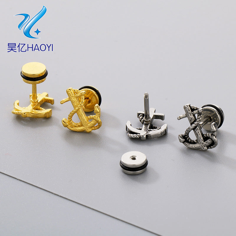 1 Pair Vintage Cross Anchor 18K Gold Plated Stainless Steel Ear Studs