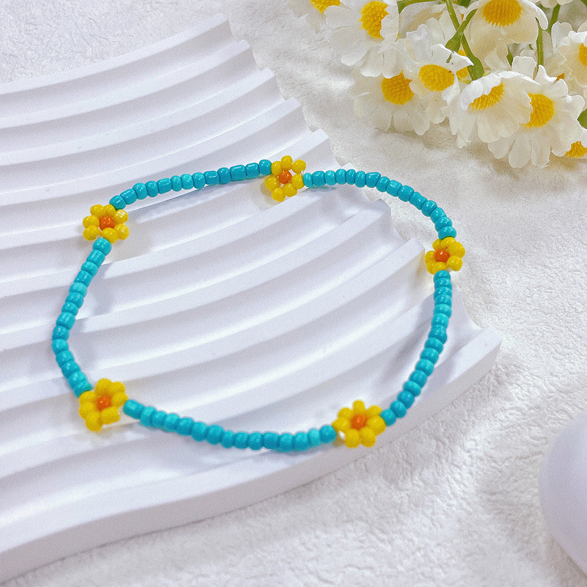 Bohemian Daisy Flower Seed Bead Anklet Bracelet