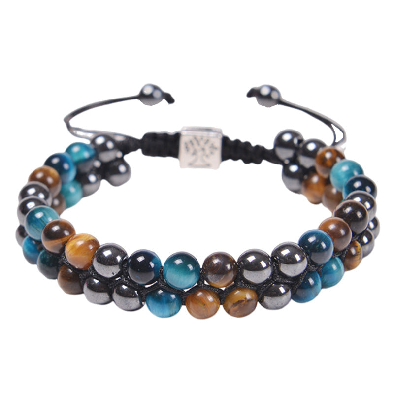 Geometric Blue Tiger Eye & Black Agate Double Layer Handmade Bracelet