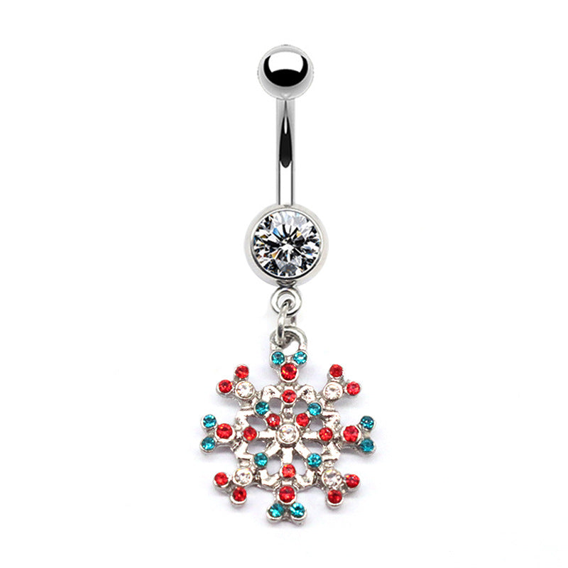 Simple Christmas Tree Snowflake Rhinestone Belly Ring in White Gold Plated Stainless Steel