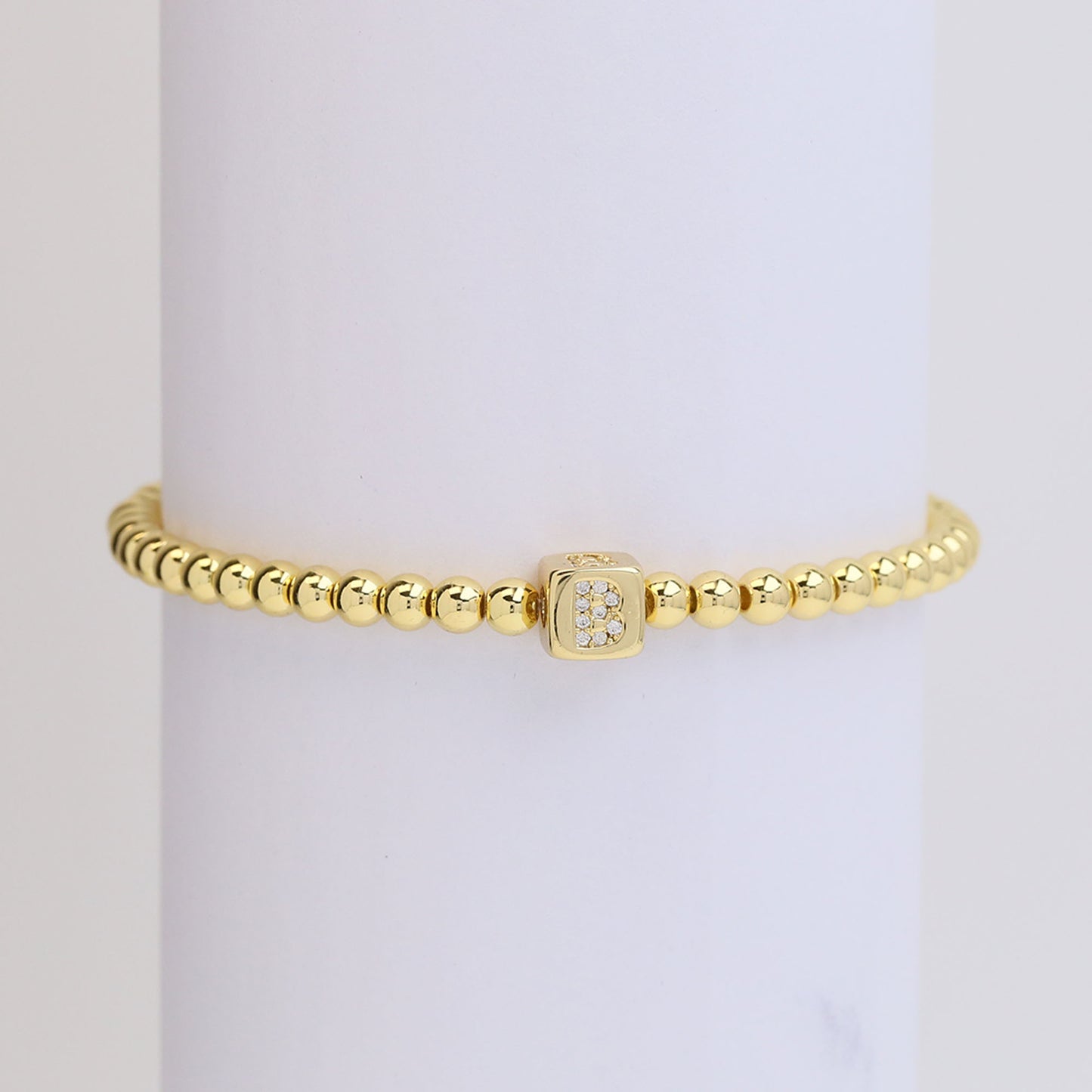 18k Gold Plated Copper Letter Zircon Beaded Stretch Bracelet