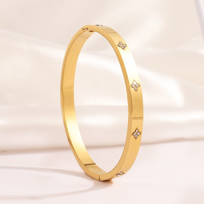 Elegant 18K Gold Plated Stainless Steel Bangle and Titanium Steel Diamond Bracelet Set