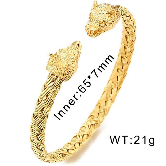 18K Gold Plated & Ancient Silver Wolf Head Men's Bangle Bracelet