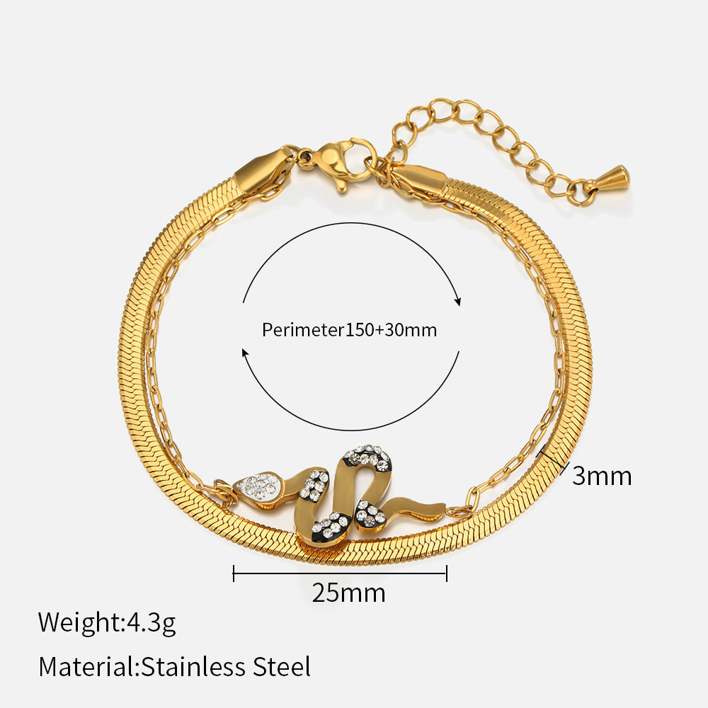 Fashion Double Layer Snake Chain Stainless Steel Gold Plated Rhinestone Bracelet for Women