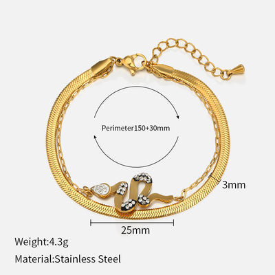 Fashion Double Layer Snake Chain Stainless Steel Gold Plated Rhinestone Bracelet for Women