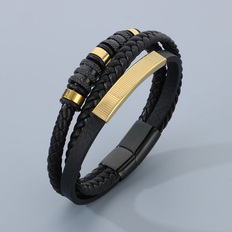 Men's Geometric Stainless Steel & Leather Bracelet with Magnetic Clasp