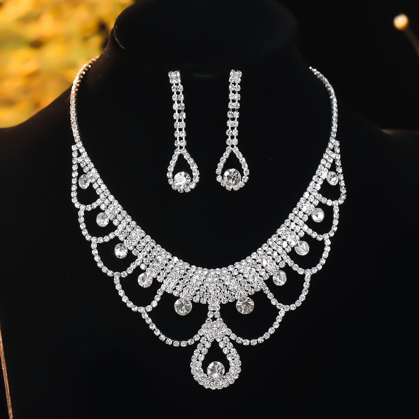 Elegant Rhinestone Floral Necklace and Earring Jewelry Set for Women