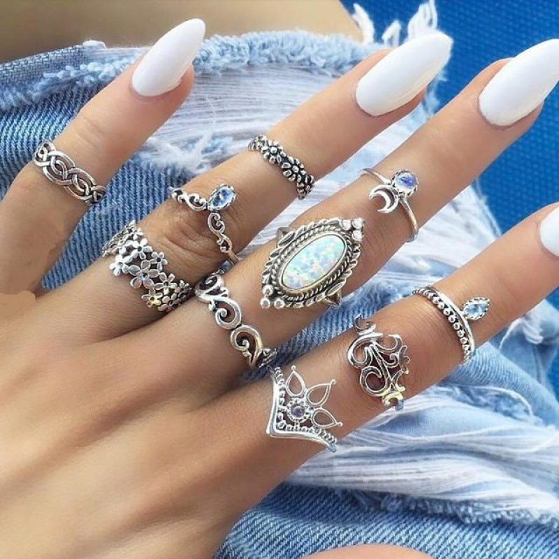 Bohemian Retro Punk Elephant Opal Crystal Midi Knuckle Ring Set for Women