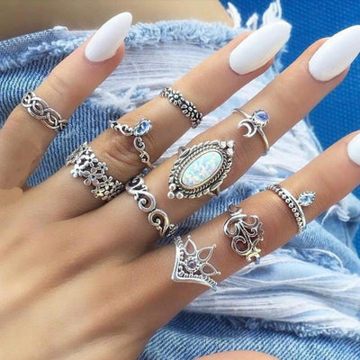 Bohemian Retro Punk Elephant Opal Crystal Midi Knuckle Ring Set for Women