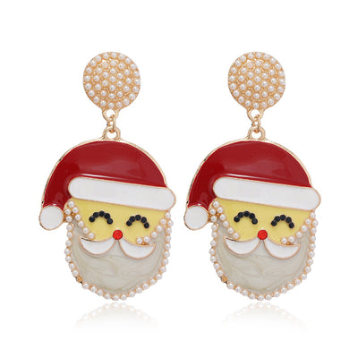 Cartoon Santa Claus Pearl Drop Earrings with Enamel Floral Snowman Design