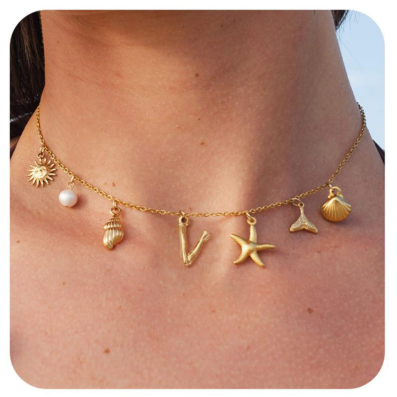 Copper Sun Starfish Pendant Necklace - Summer Beach Shell Choker