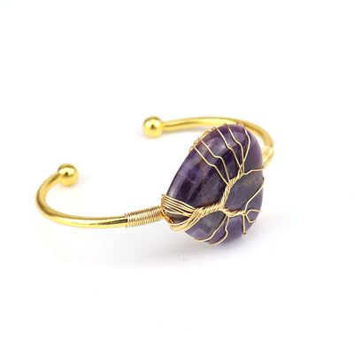 Fashion U Shape Crystal Plating Bangle with Gold Wire Wrapped Amethyst Tree of Life Design Bracelet