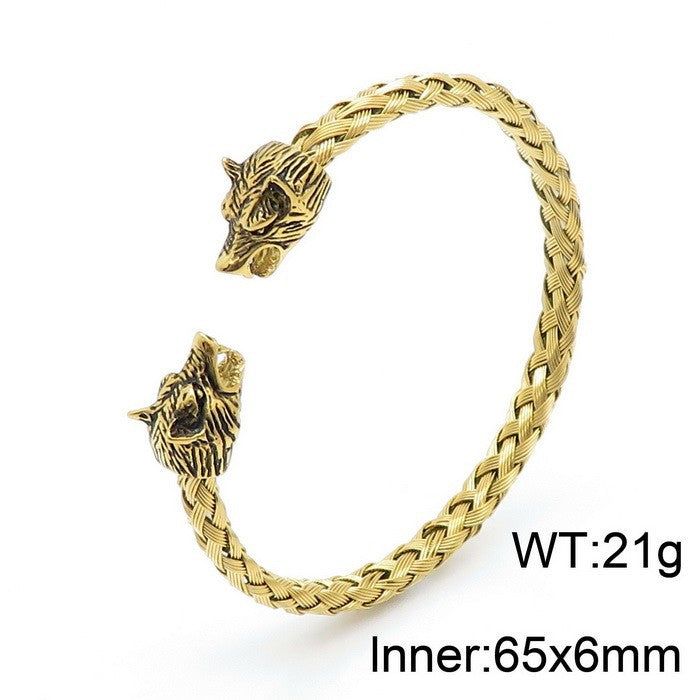 18K Gold Plated & Ancient Silver Wolf Head Men's Bangle Bracelet