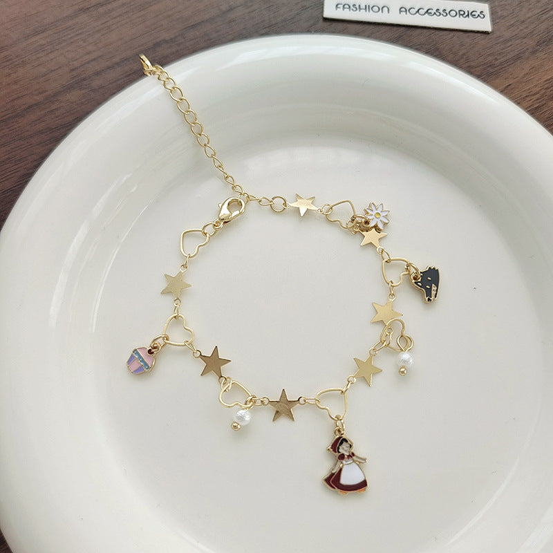 Sweet Fairy Tale Heart and Star Alloy Plated Pearl Bracelet for Women