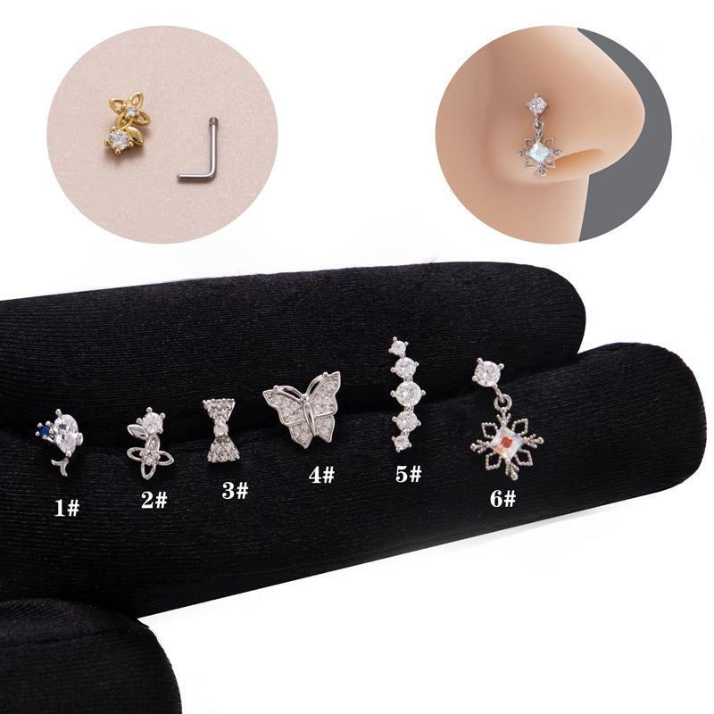 Ethnic Style Butterfly Stainless Steel Copper Zircon Nose Studs In Bulk