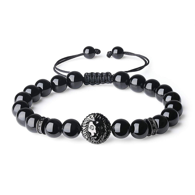 Retro Geometric Tiger Eye & Black Matte Stone Men's Bracelet with Lion Head and Micro Pave Zircon